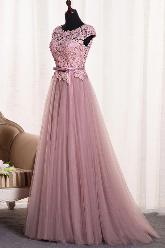 Pink round neck tulle lace applique long prom Wedding Dresses