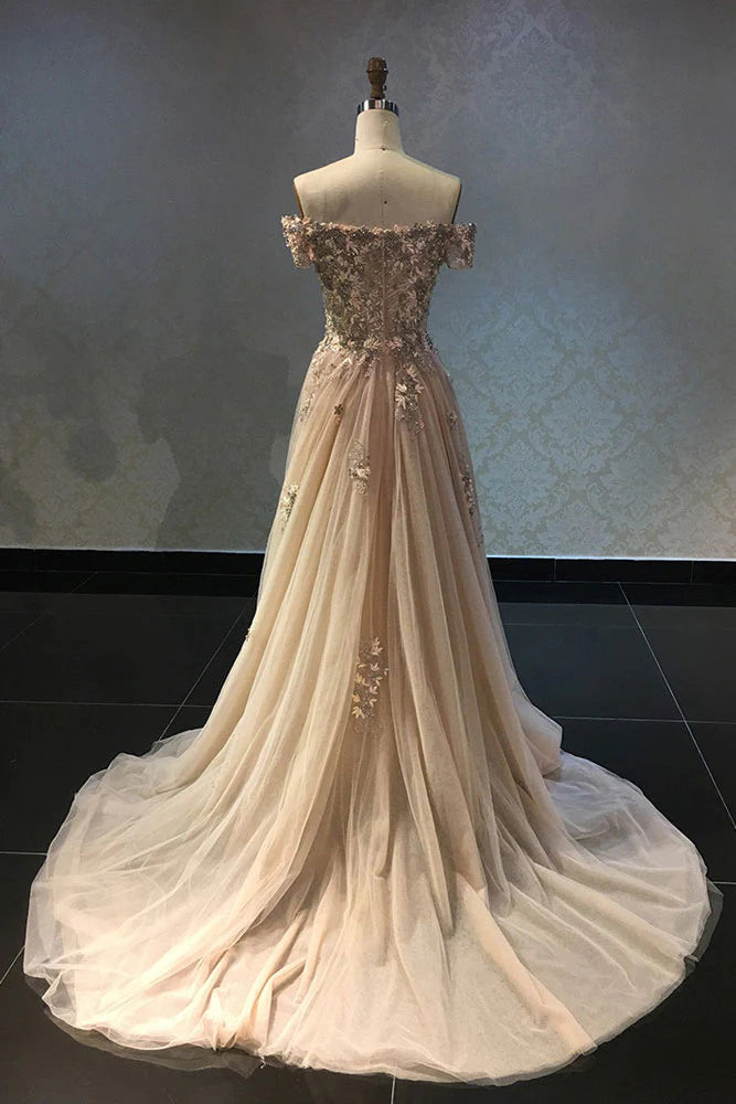 Champagne lace applique tulle long prom Wedding Dresses