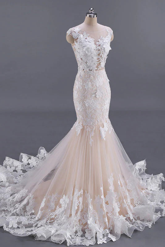 Unique champagne tulle lace long prom dress Weedding Dress