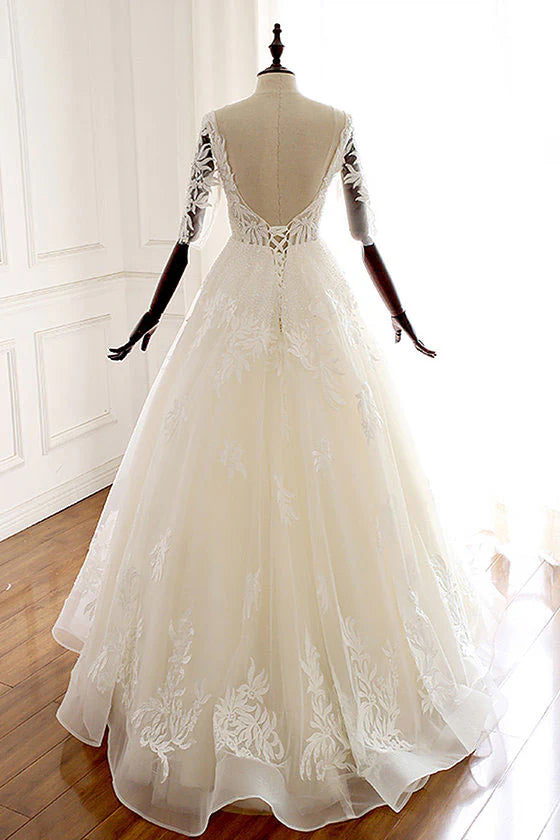 White v neck tulle lace long prom Wedding Dresses