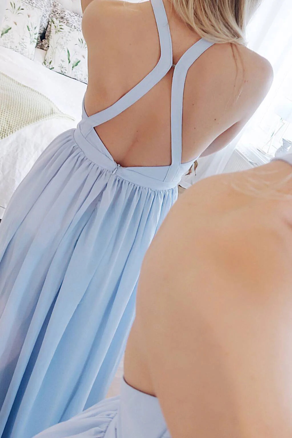 Simple round neck chiffon blue long prom Wedding Dresses
