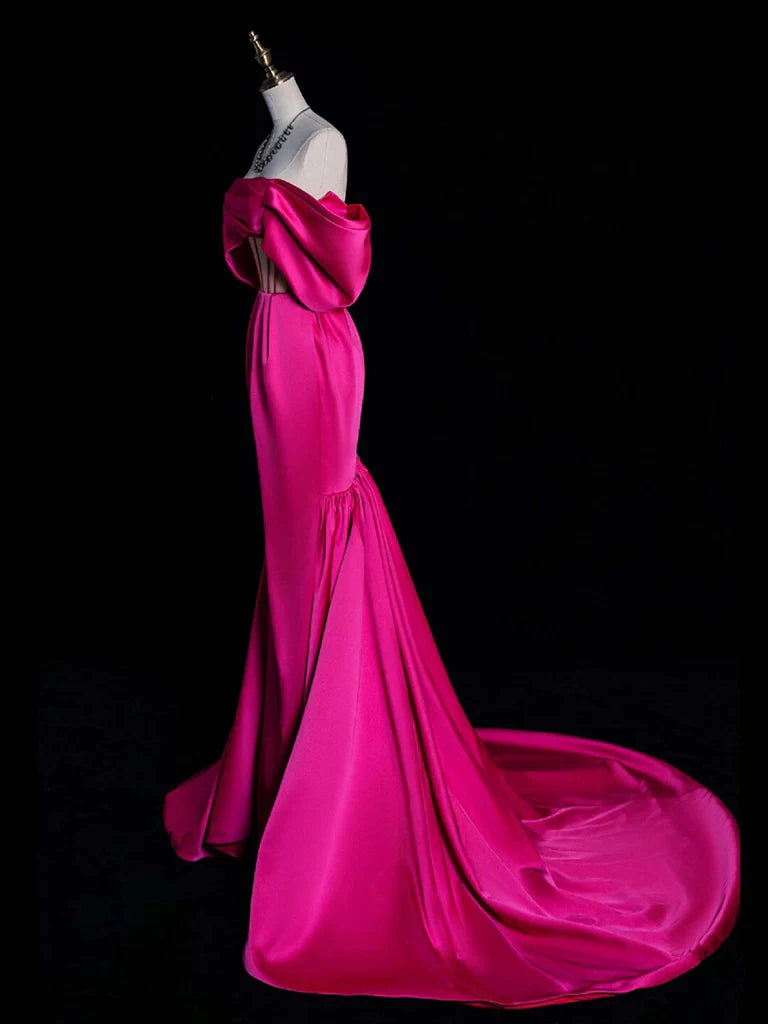 Simple Off Shoulder Mermaid Rose Red Long Evening Dresses
