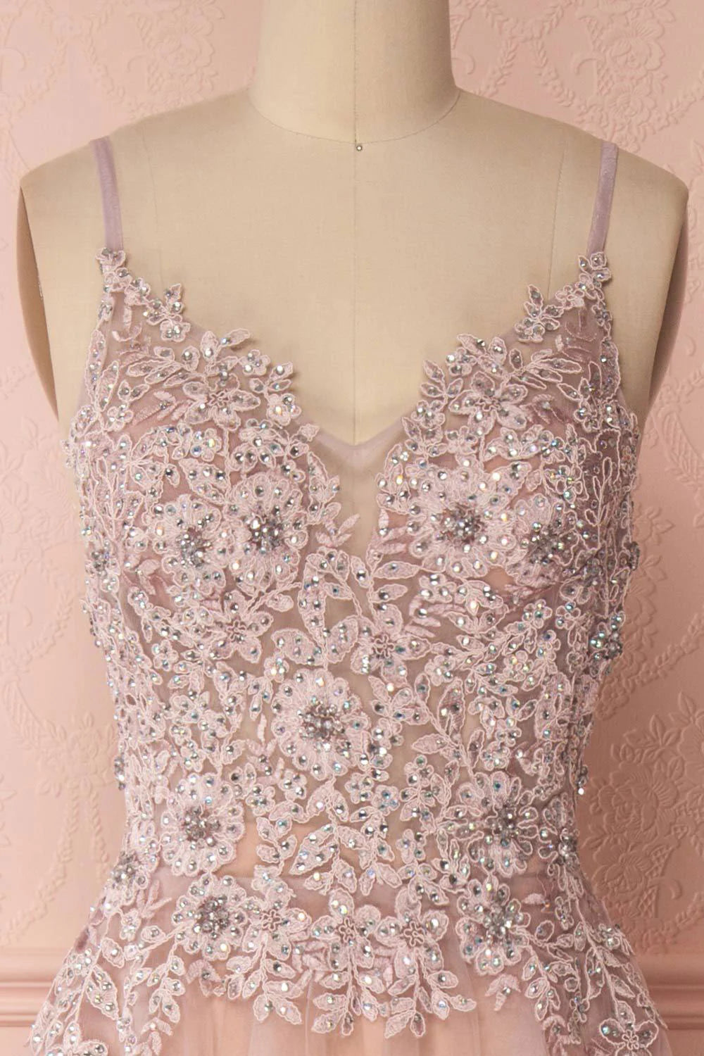 Pink v neck tulle lace applique long prom Wedding Dresses