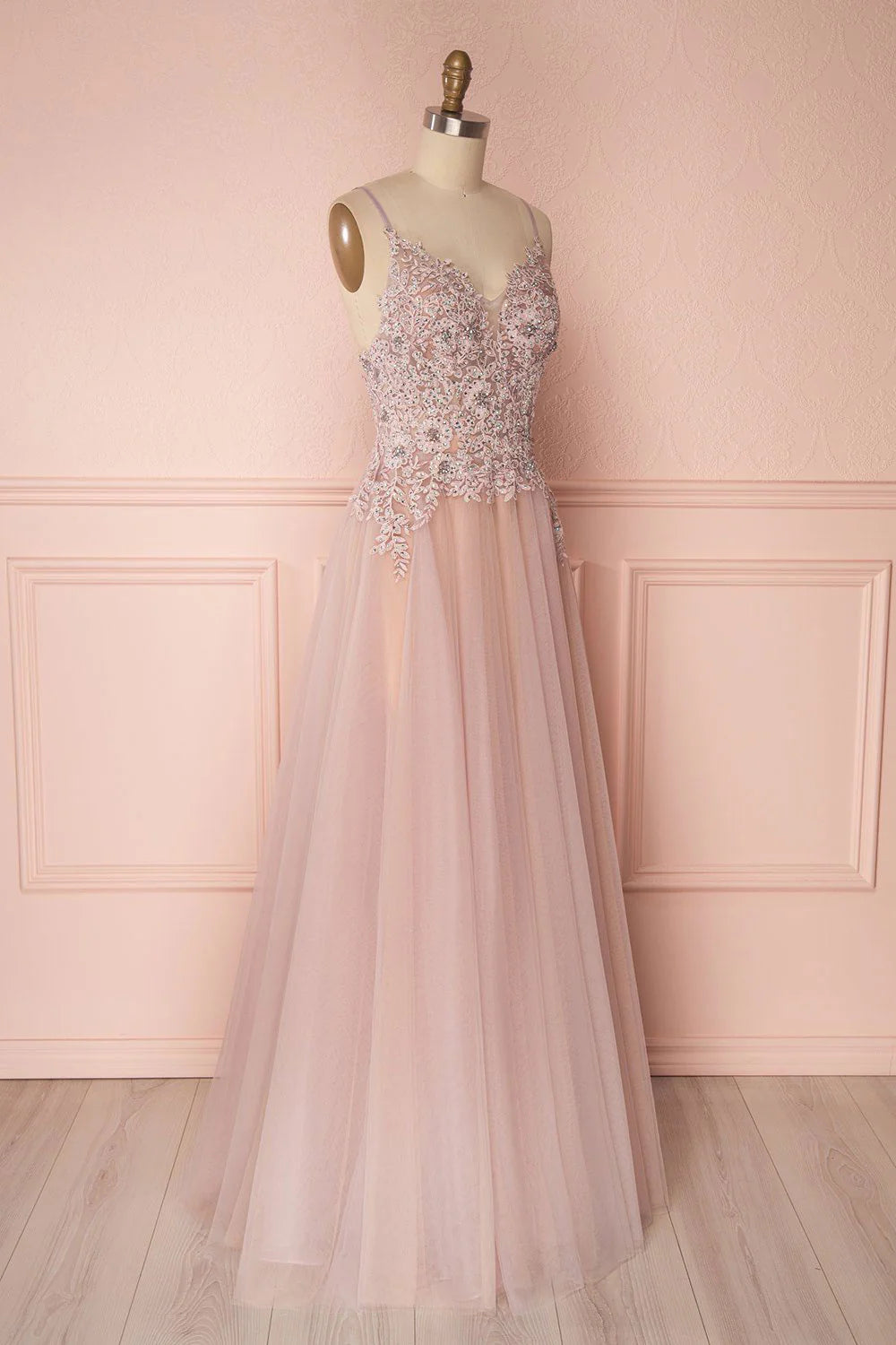 Pink v neck tulle lace applique long prom Wedding Dresses