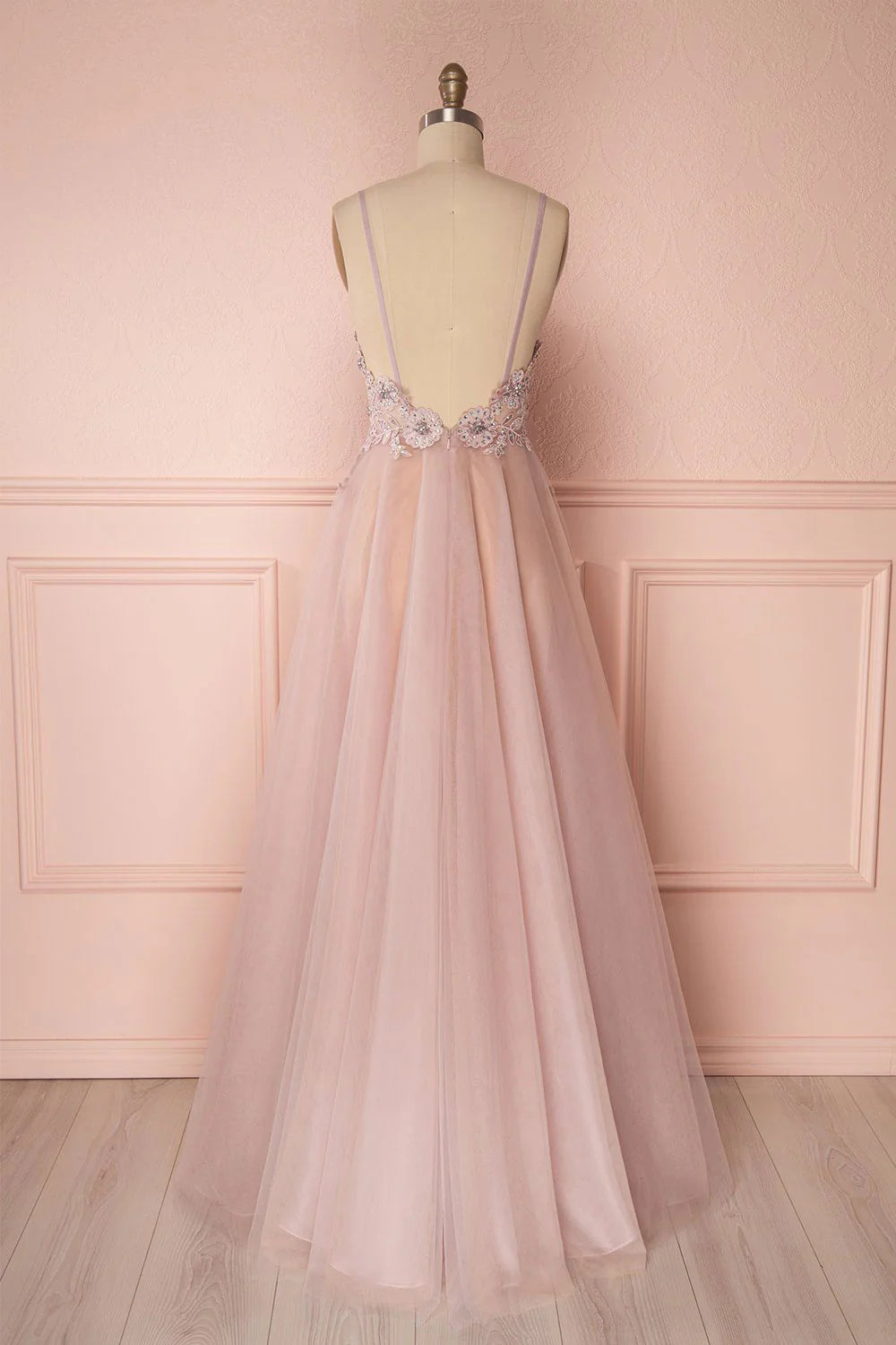 Pink v neck tulle lace applique long prom Wedding Dresses