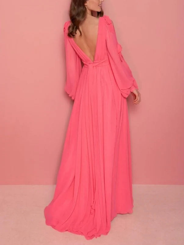 A-Line/Princess V-Neck Long Sleeves Floor-Length Evening Dress