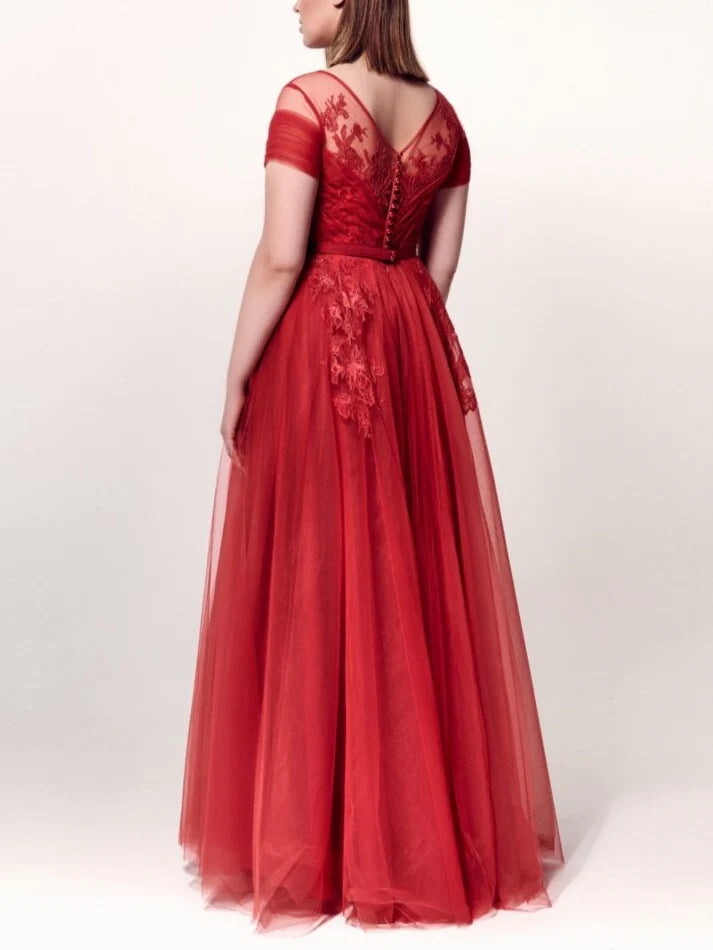 A-Line/Princess Jewel Neck Short Sleeves Ankle-Length Evening Dress