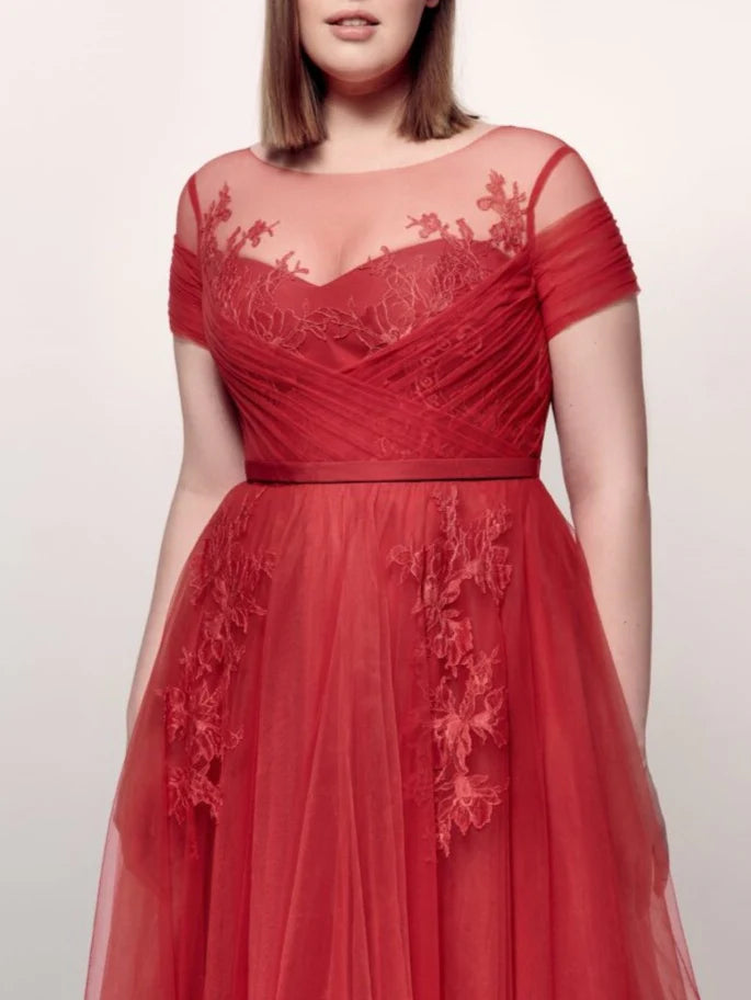 A-Line/Princess Jewel Neck Short Sleeves Ankle-Length Evening Dress