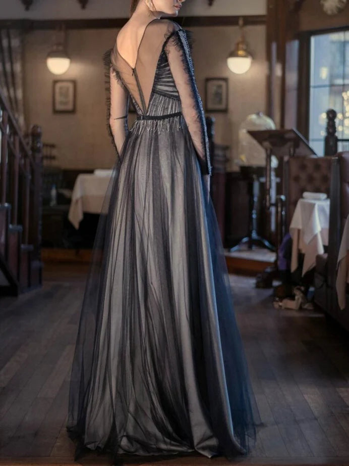 A-Line/Princess Scoop Long Sleeves Floor-Length Evening Dress