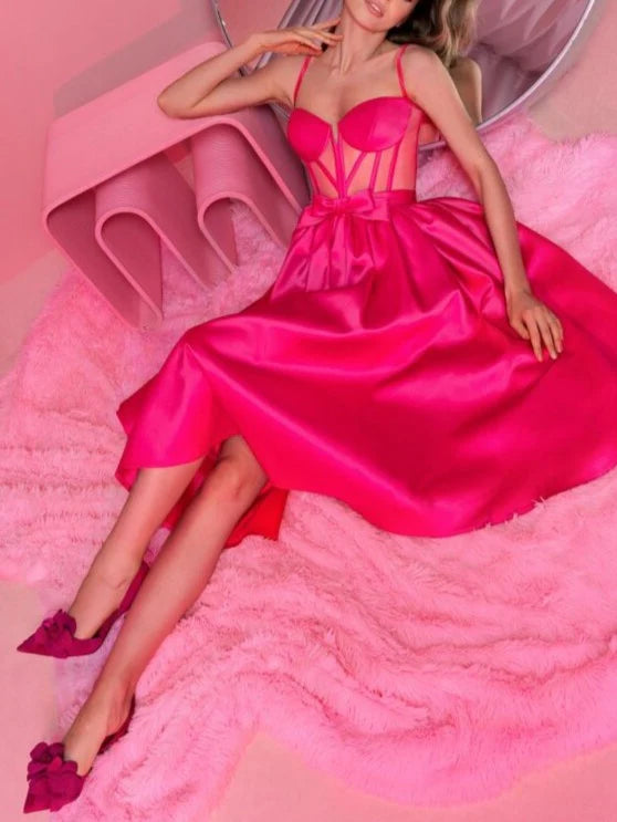 A-Line/Princess Spaghetti Straps Sleeveless Tea-Length Cocktail Dress