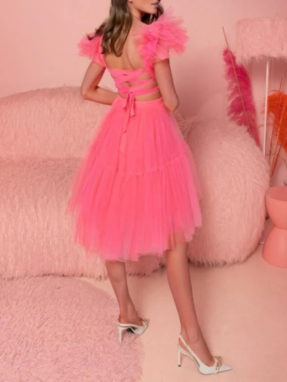 A-Line/Princess V-Neck Short Sleeves Asymmetrical Cocktail Dress