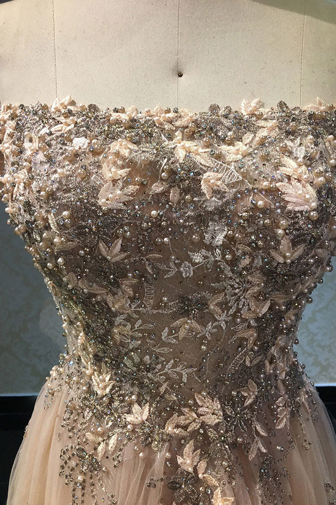 Champagne lace applique tulle long prom Wedding Dresses