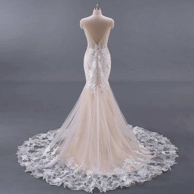 Unique champagne tulle lace long prom dress Weedding Dress