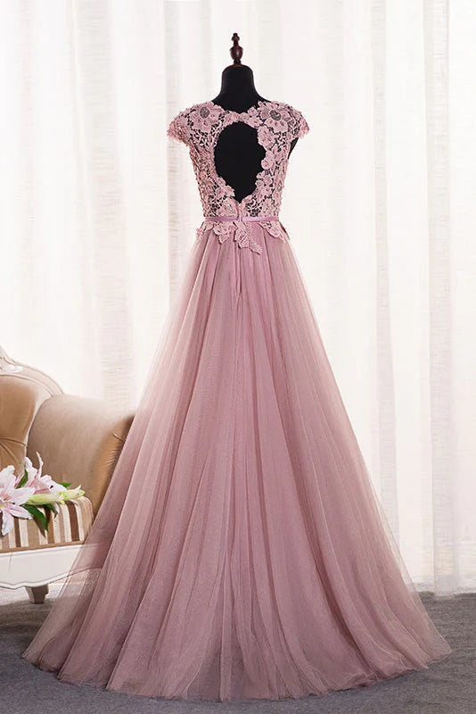 Pink round neck tulle lace applique long prom Wedding Dresses