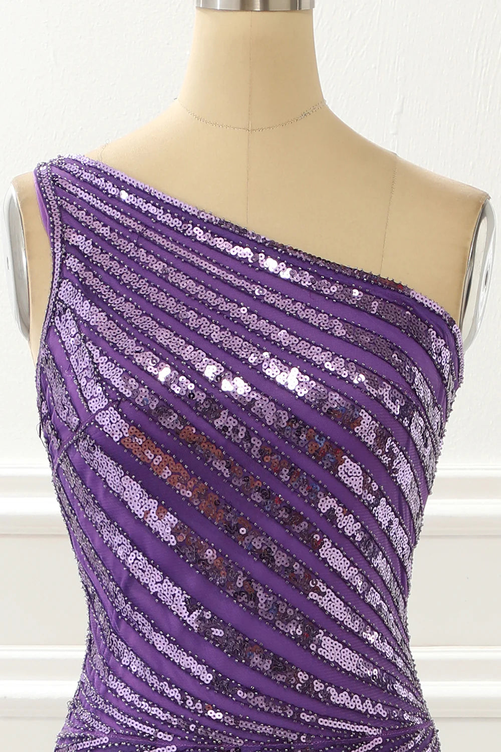 Purple One Shoulder Sequin Prom Dress With Slit