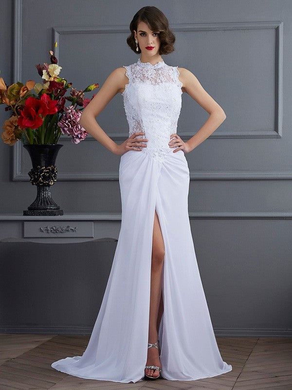 High Neck Sleeveless Long Chiffon Dresses