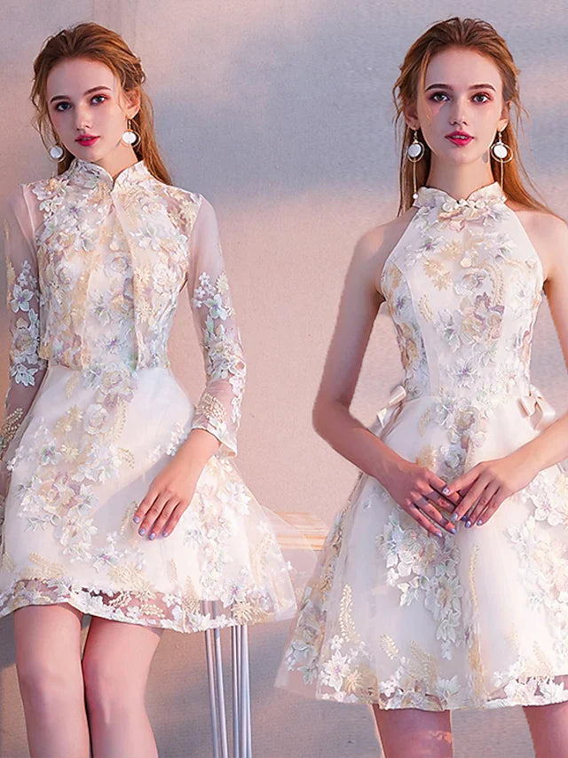 Cocktail Party Dress High Neck Long Sleeve Short Mini Tulle with Sash Ribbon Embroidery
