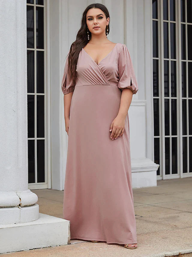 A-Line V Neck Floor Length Satin Stretch Satin Bridesmaid Dress