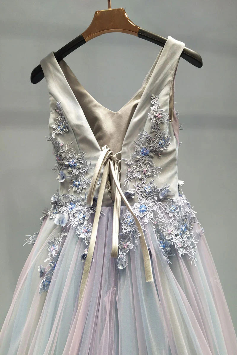 Unique v neck tulle lace applique long prom Wedding Dresses