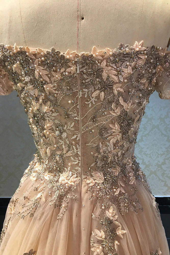 Champagne lace applique tulle long prom Wedding Dresses