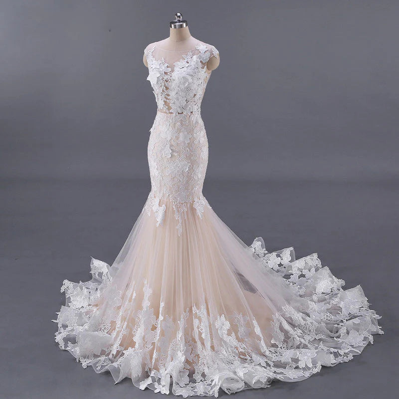 Unique champagne tulle lace long prom dress Weedding Dress