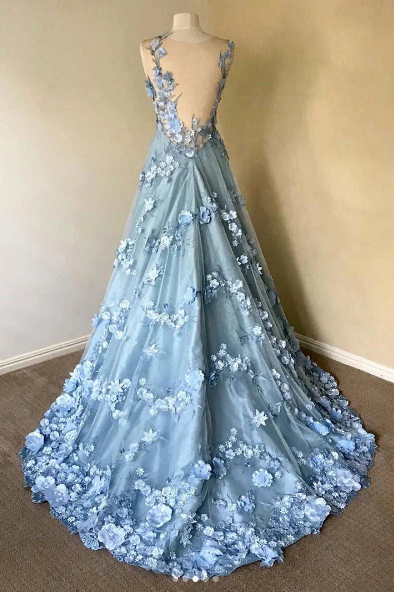 Blue round neck lace long prom Wedding Dresses