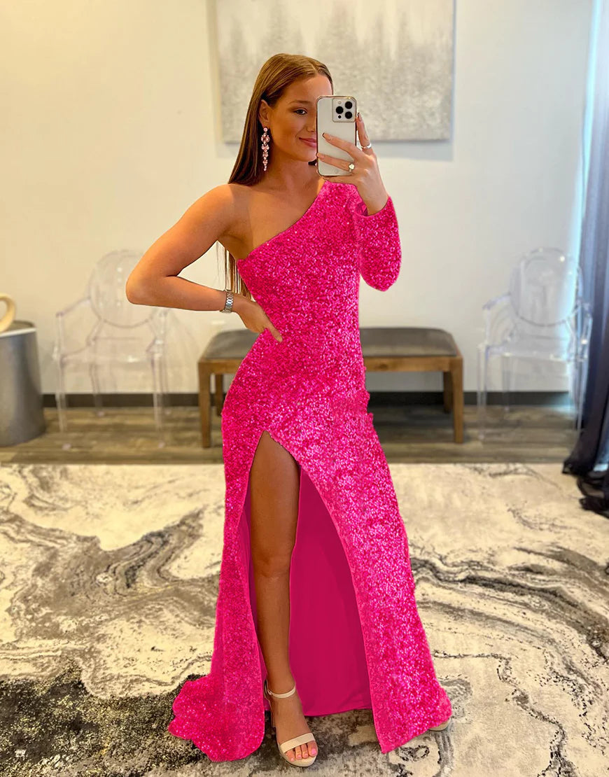 Mermaid Glitter One-Shoulder Single Sleeve Prom Dress With Sequins