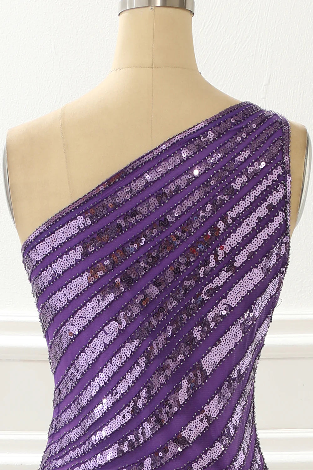 Purple One Shoulder Sequin Prom Dress With Slit
