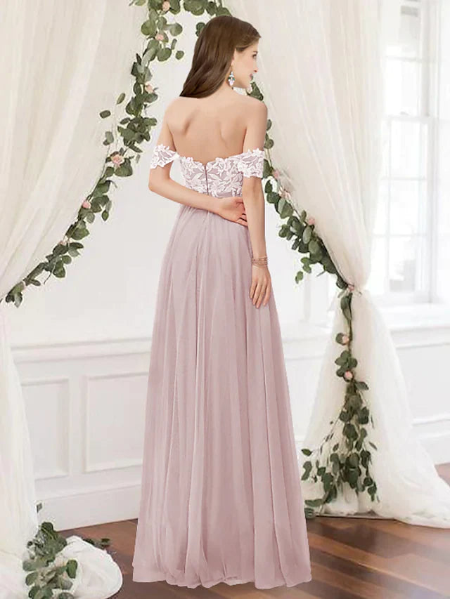 A-Line Off Shoulder Floor Length Chiffon Lace Bridesmaid Dress