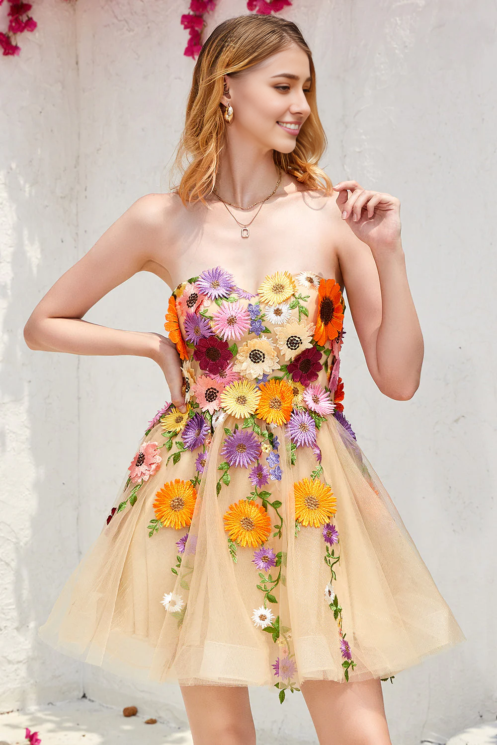 Strapless Homecoming Dress With 3D Flowers