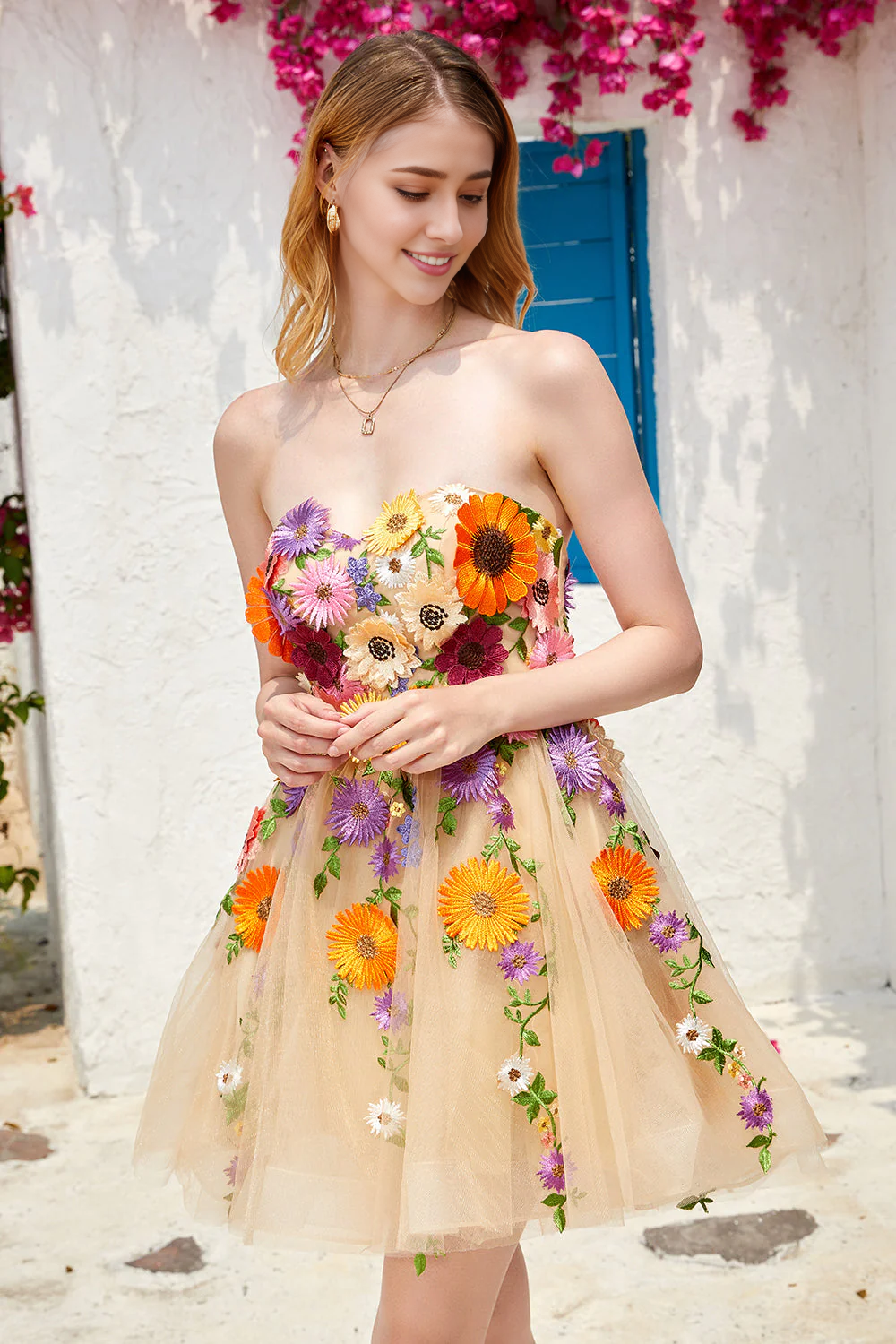 Strapless Homecoming Dress With 3D Flowers