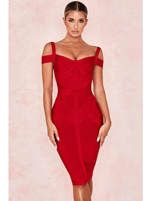 Cocktail Party Valentine's Day Dress Off Shoulder Sleeveless Knee Length Spandex with Sleek