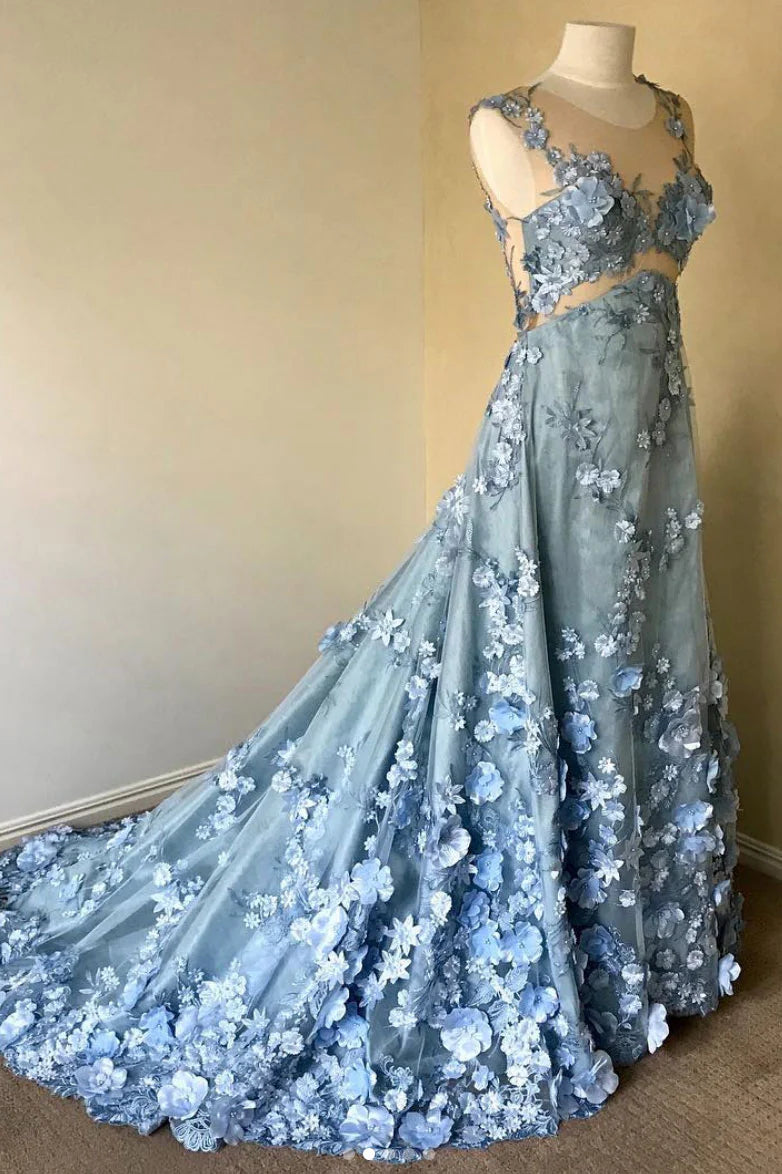 Blue round neck lace long prom Wedding Dresses