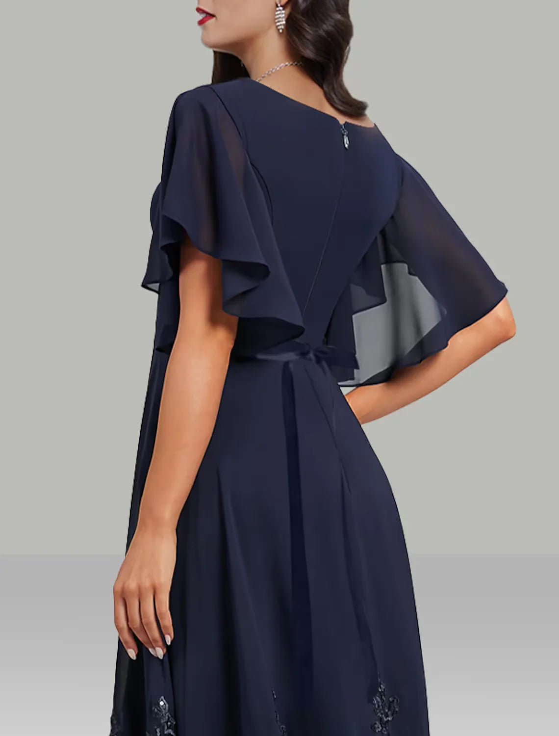 A-Line Wedding Guest Dresses Elegant Dress Cocktail Party Tea Length Short Sleeve V Neck Belt / Sash Chiffon