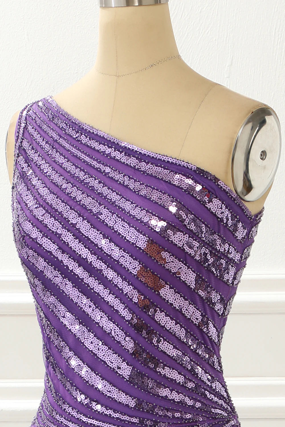Purple One Shoulder Sequin Prom Dress With Slit