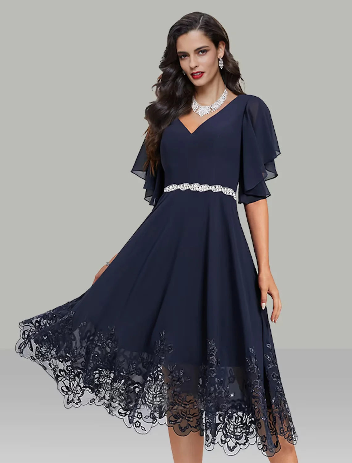 A-Line Wedding Guest Dresses Elegant Dress Cocktail Party Tea Length Short Sleeve V Neck Belt / Sash Chiffon