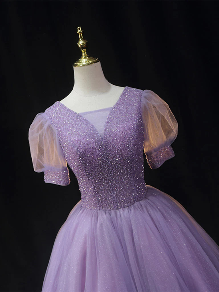 Purple V Neck Tulle Beading Sequin Short Homecoming Dresses