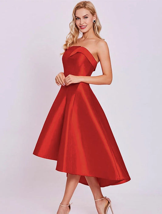 Cocktail Dresses Minimalist Dress Homecoming Tea Length Sleeveless Strapless Satin with Sleek