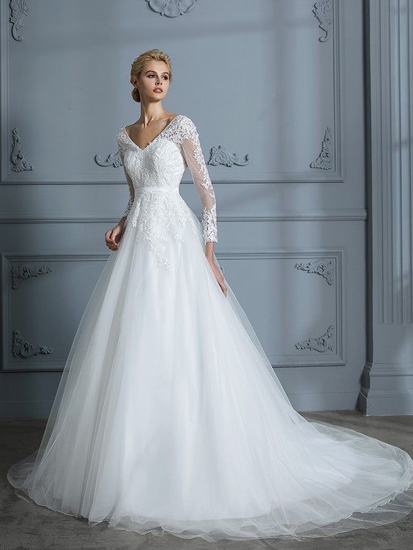 V-neck Long Sleeves Court Train Lace Tulle Wedding Dresses