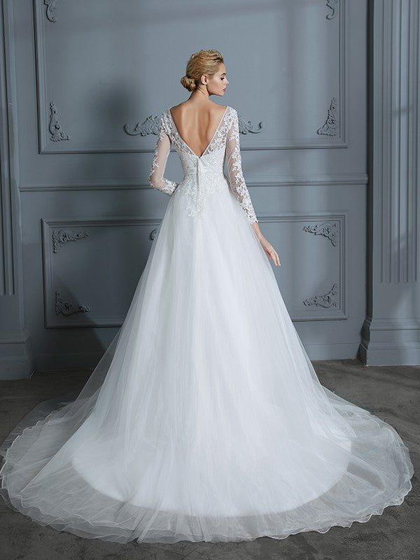 V-neck Long Sleeves Court Train Lace Tulle Wedding Dresses