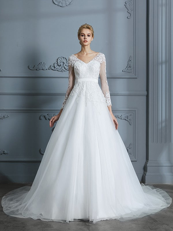 V-neck Long Sleeves Court Train Lace Tulle Wedding Dresses