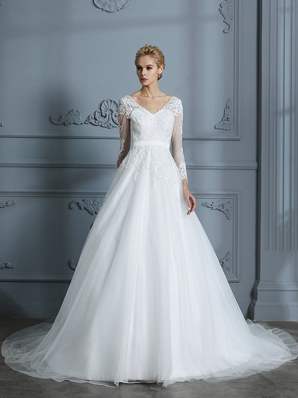 V-neck Long Sleeves Court Train Lace Tulle Wedding Dresses