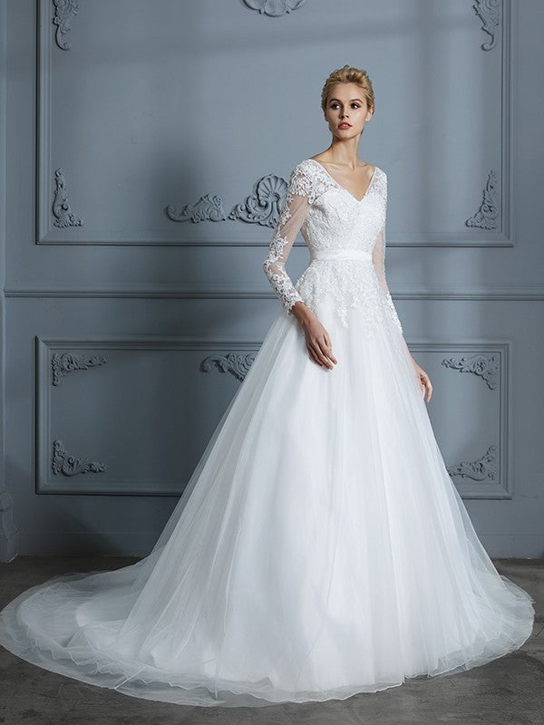 V-neck Long Sleeves Court Train Lace Tulle Wedding Dresses