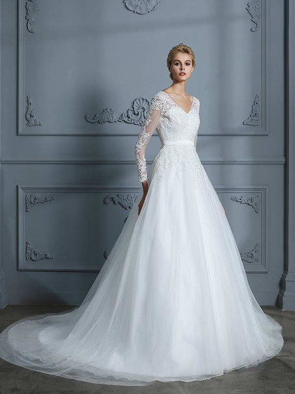 V-neck Long Sleeves Court Train Lace Tulle Wedding Dresses