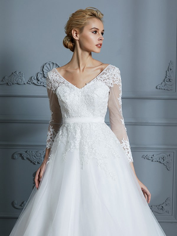 V-neck Long Sleeves Court Train Lace Tulle Wedding Dresses