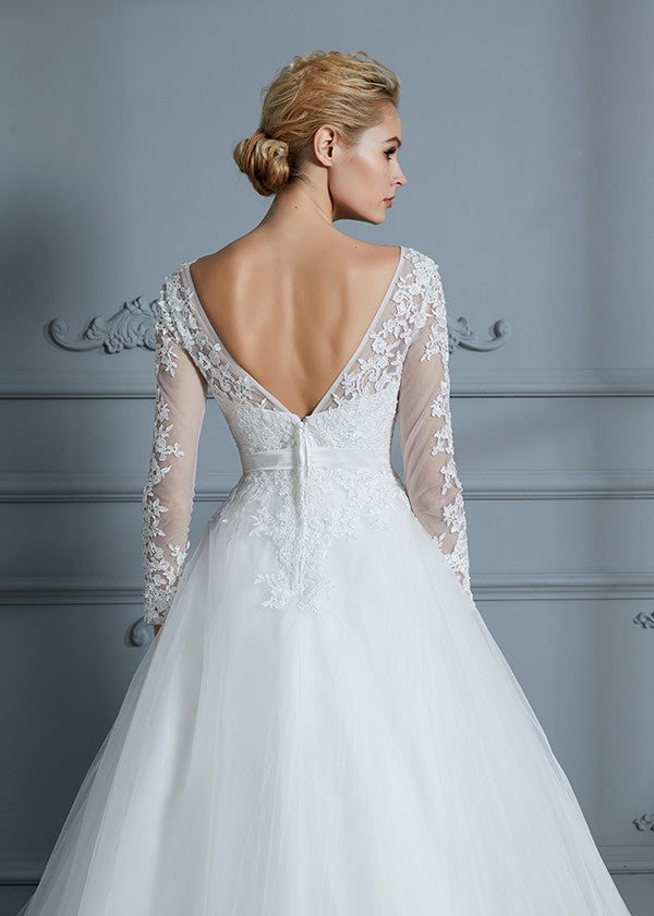 V-neck Long Sleeves Court Train Lace Tulle Wedding Dresses