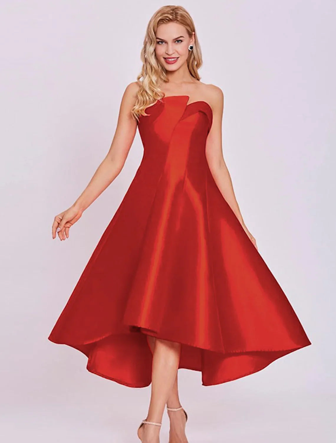 Cocktail Dresses Minimalist Dress Homecoming Tea Length Sleeveless Strapless Satin with Sleek