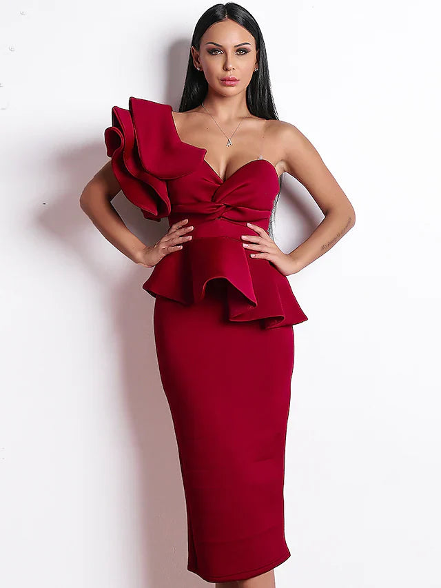 Cocktail Party Dress One Shoulder Sleeveless Tea Length Spandex with Ruffles