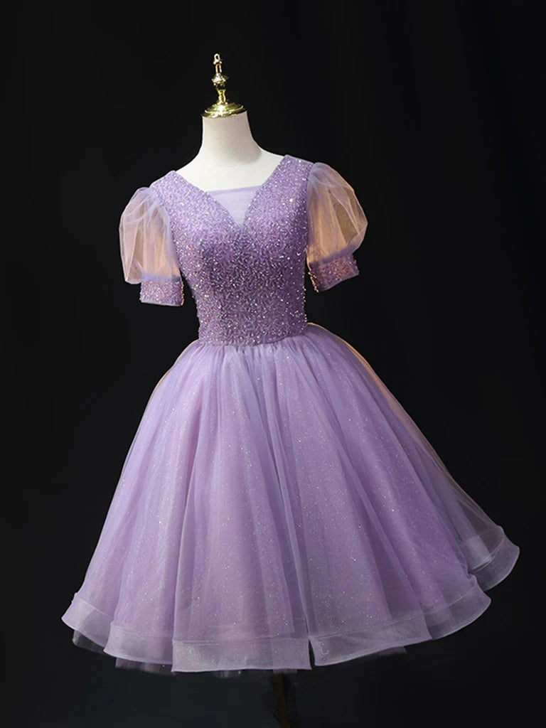 Purple V Neck Tulle Beading Sequin Short Homecoming Dresses