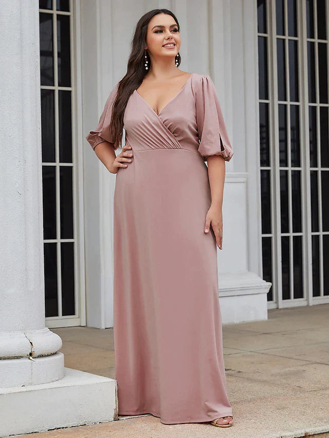 A-Line V Neck Floor Length Satin Stretch Satin Bridesmaid Dress